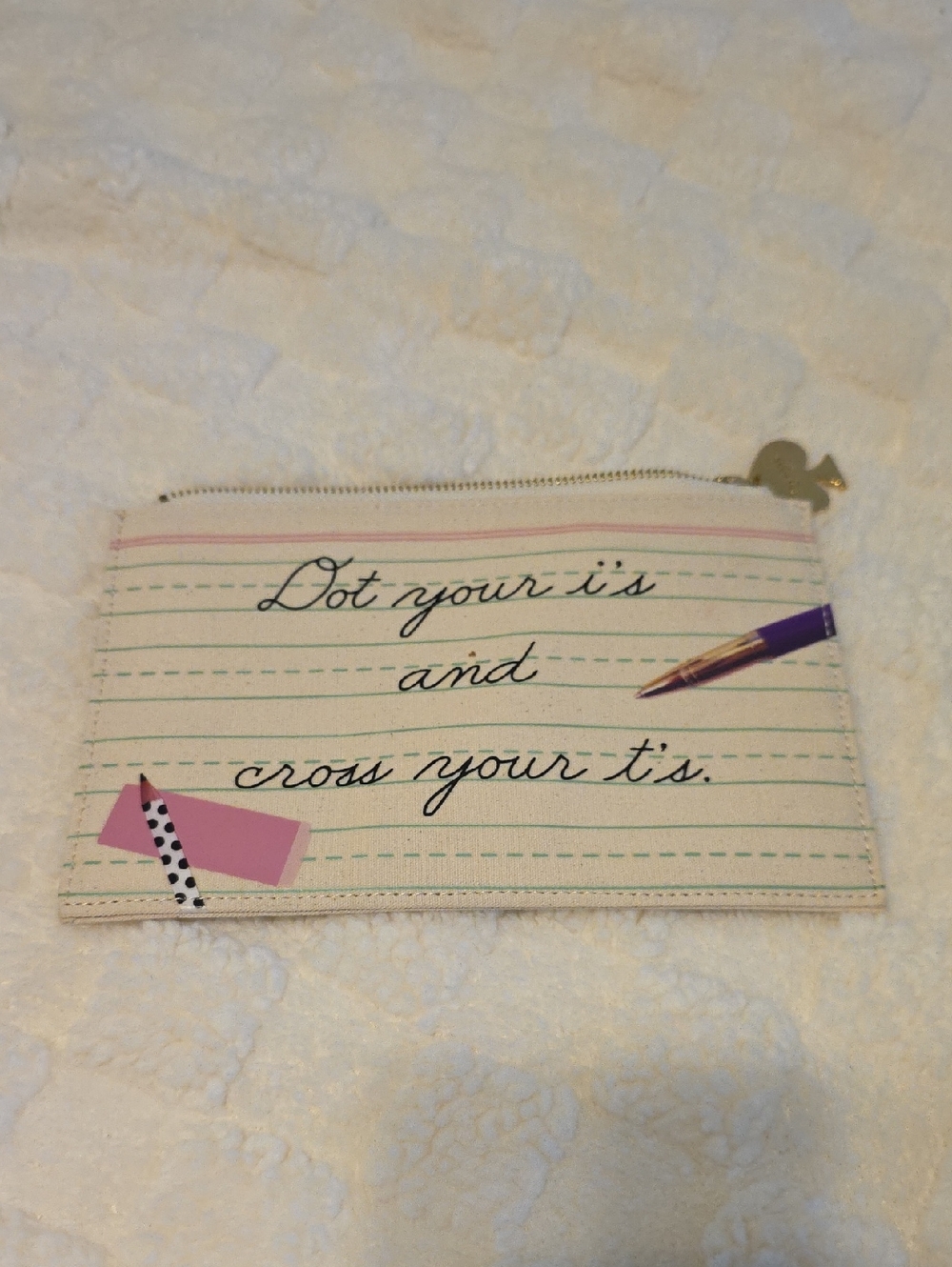 Kate Spade Notebook Lined Pencil/Cosmetic Pouch Cream & Pink Accent Dot Your I's